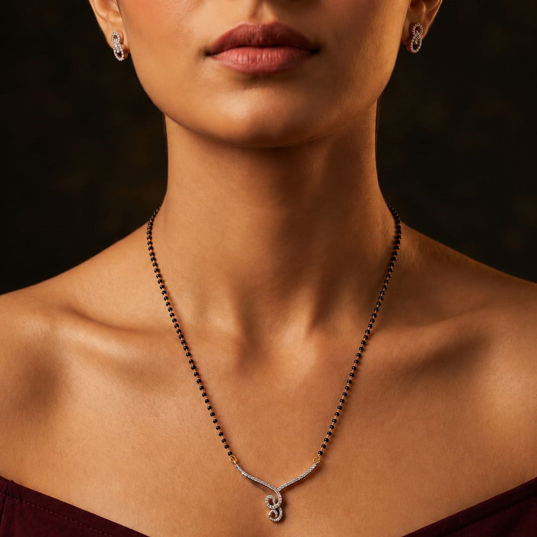 Silver-Plated Cubic Zirconia Studded & Beaded Mangalsutra