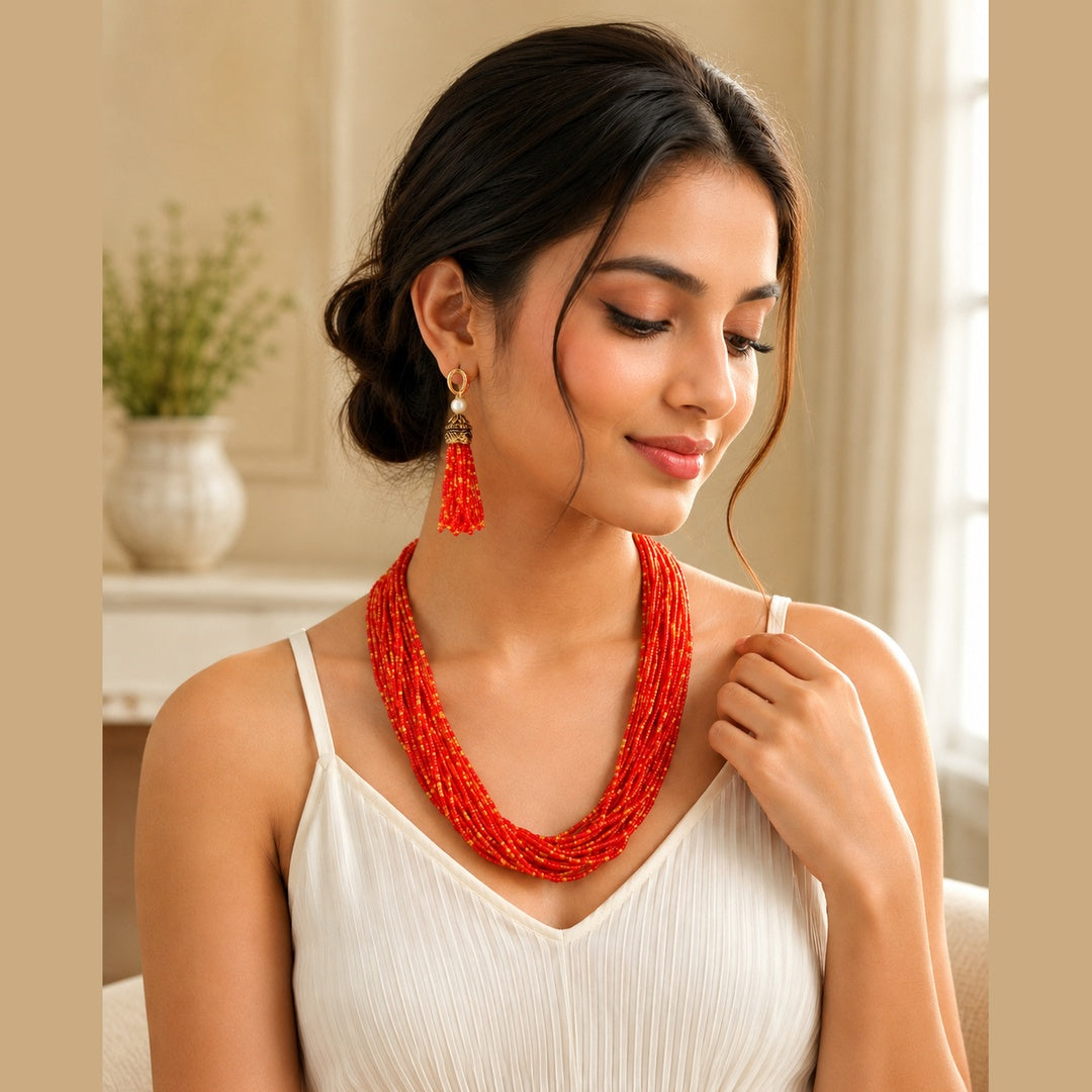 Beaded Multi-Layer Necklace and Tassel Earring Jewellery Set for Women