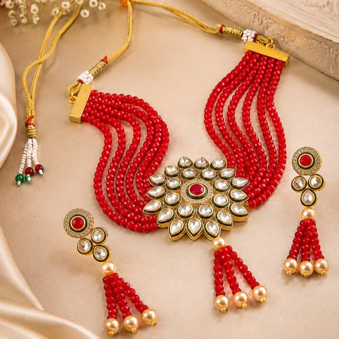 Gold-Plated Kundan Studded & Beaded Jewellery Set