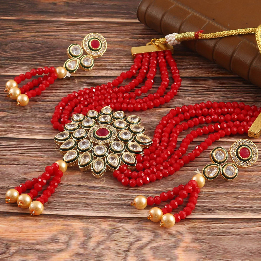 Gold-Plated Kundan Studded & Beaded Jewellery Set
