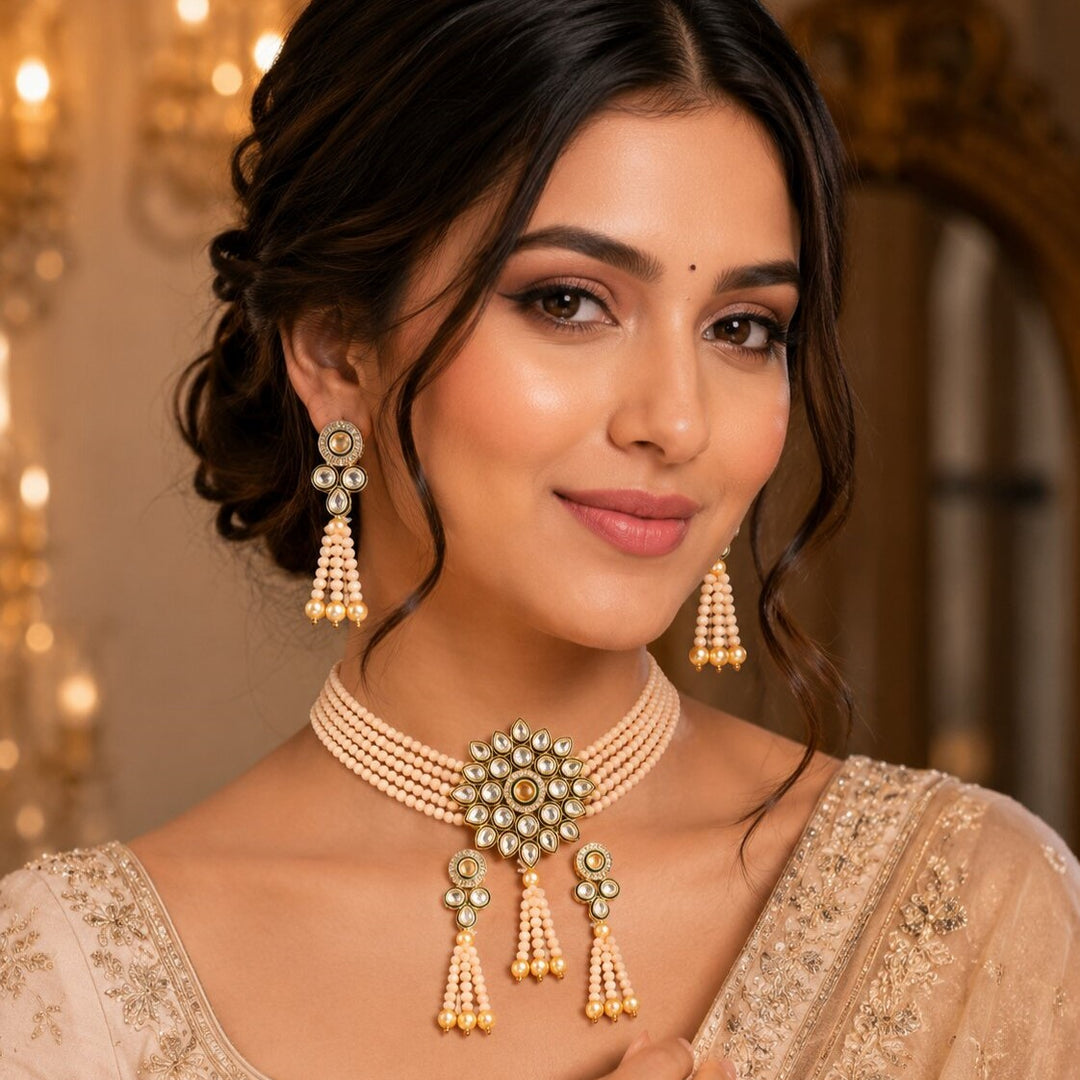 Gold-Plated Kundan Studded & Beaded Jewellery Set