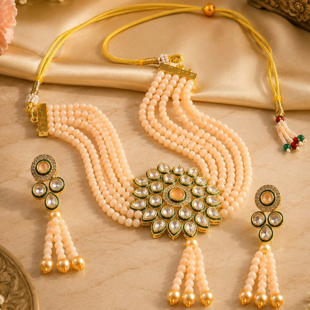 Gold-Plated Kundan Studded & Beaded Jewellery Set