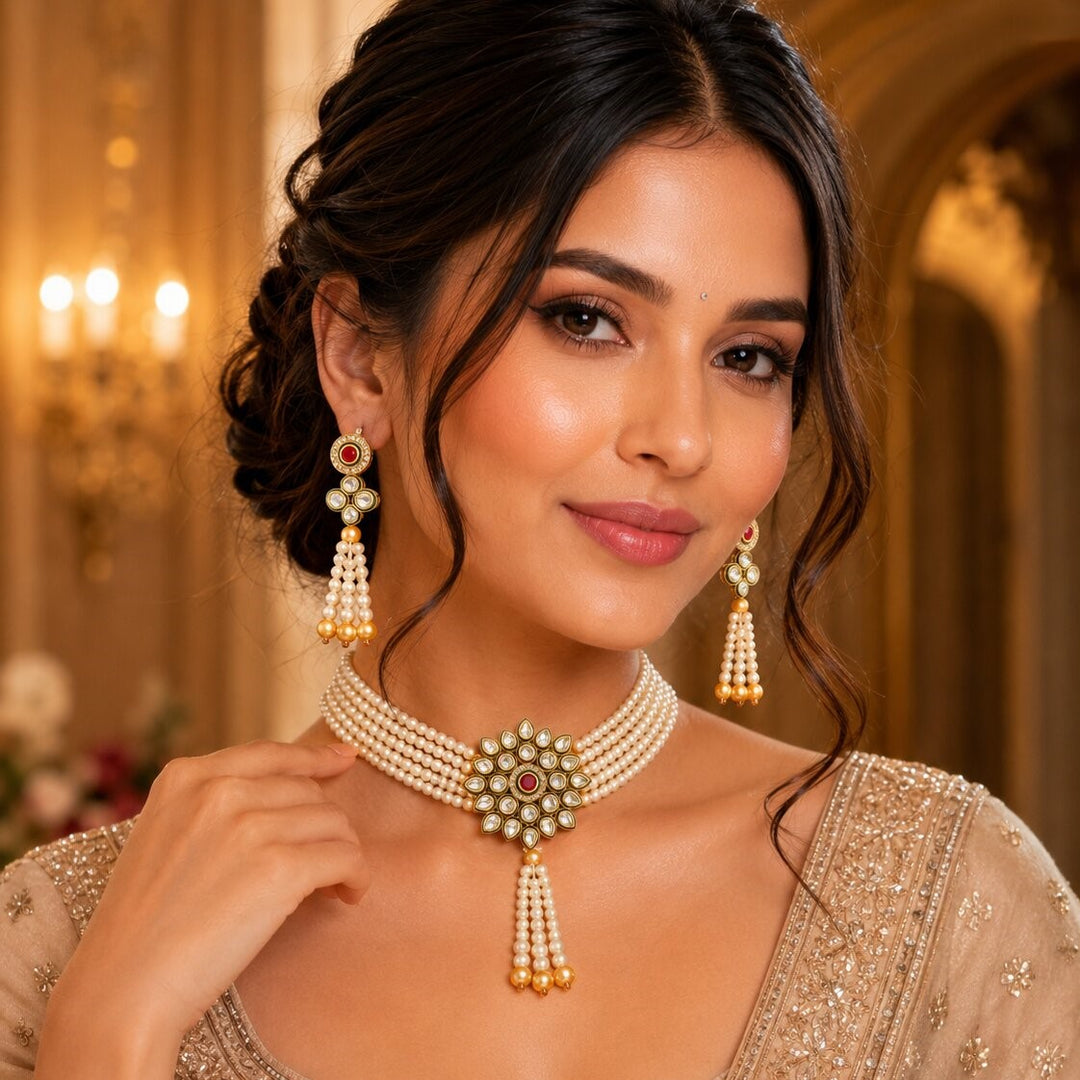 Gold-Plated Kundan Studded & Beaded Jewellery Set