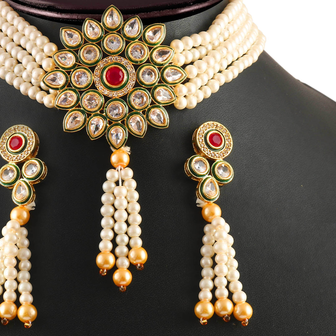 Gold-Plated Kundan Studded & Beaded Jewellery Set