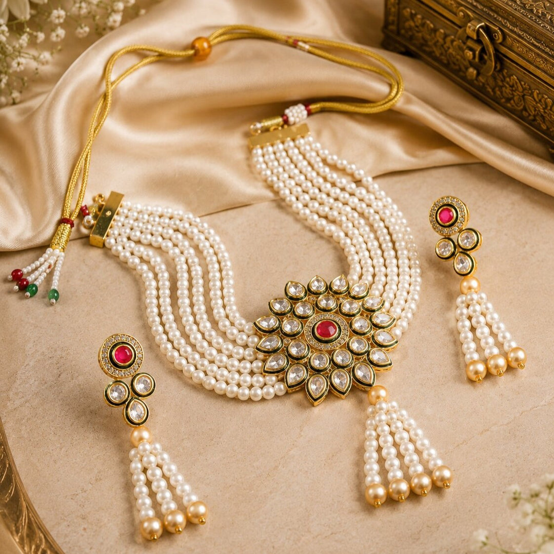 Gold-Plated Kundan Studded & Beaded Jewellery Set