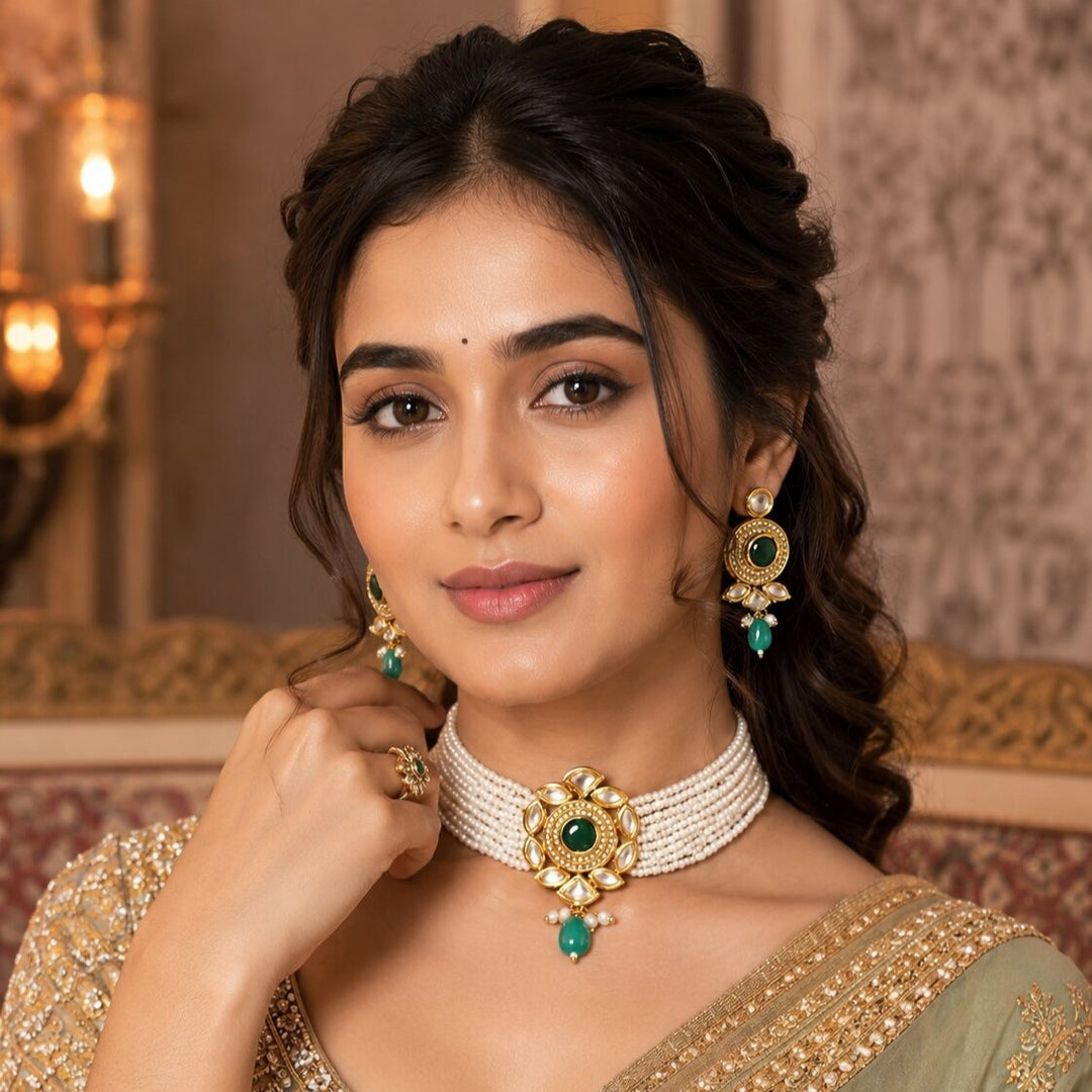 Gold-Plated Kundan Studded & Beaded Jewellery Set
