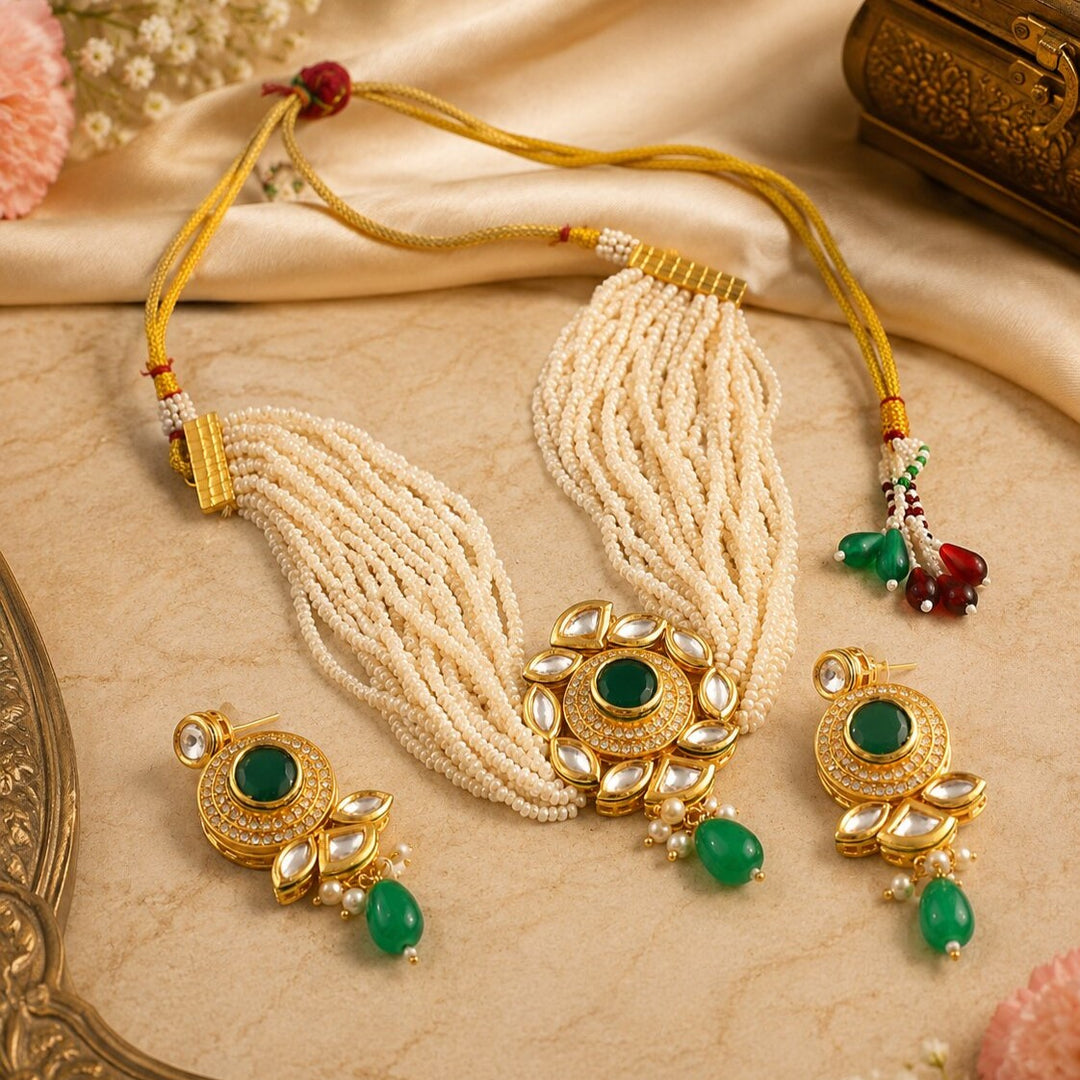 Gold-Plated Kundan Studded & Beaded Jewellery Set