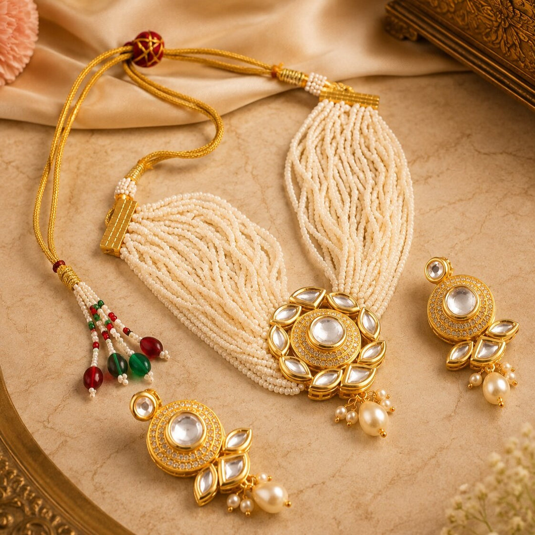 Gold-Plated Kundan Studded & Beaded Jewellery Set