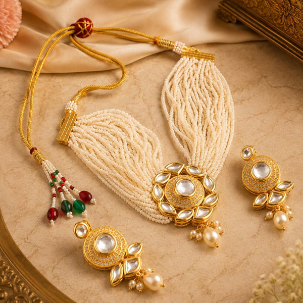 Gold-Plated Kundan Studded & Beaded Jewellery Set