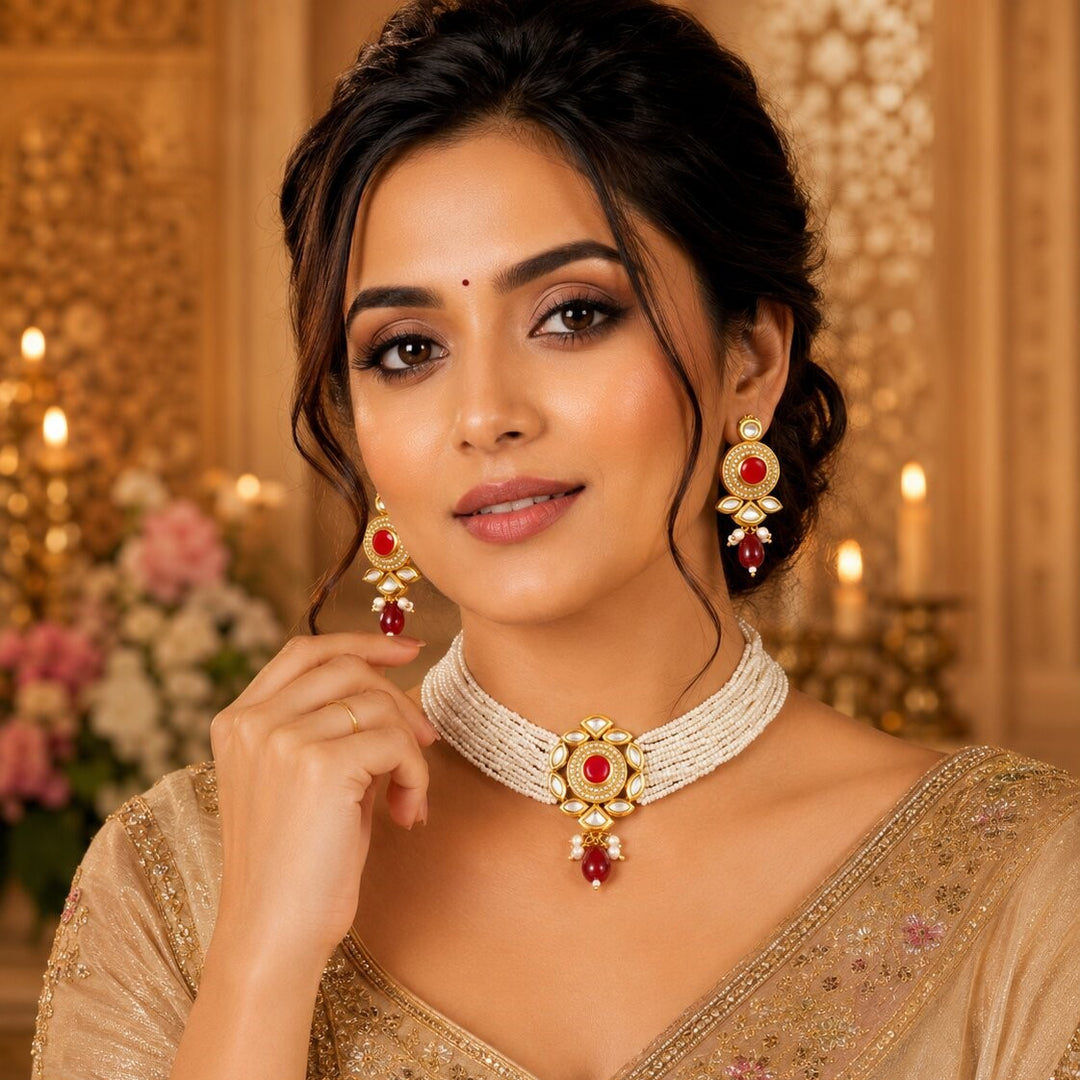 Gold-Plated Kundan Studded & Beaded Jewellery Set