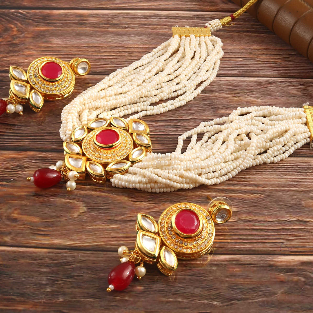 Gold-Plated Kundan Studded & Beaded Jewellery Set