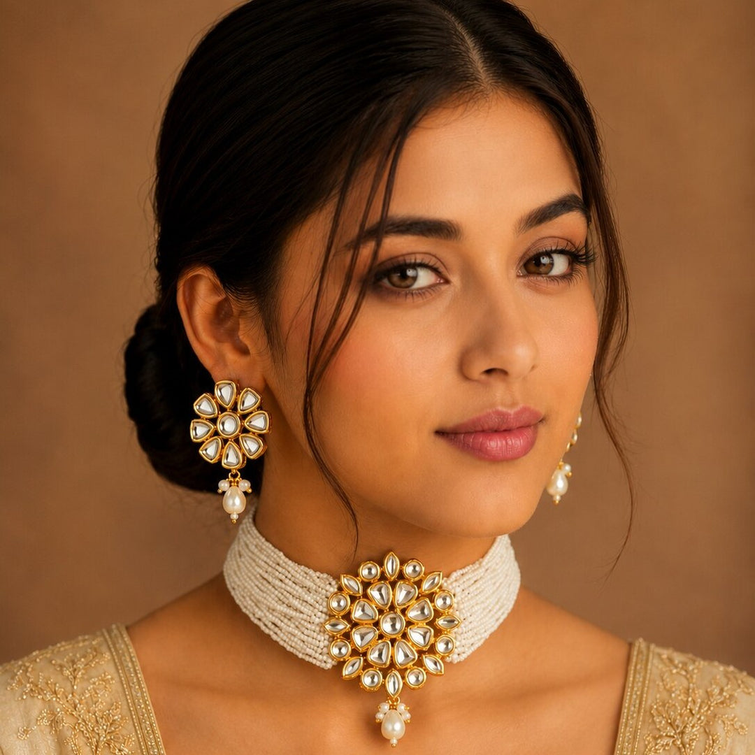 Gold-Plated Kundan Studded & Beaded Jewellery Set
