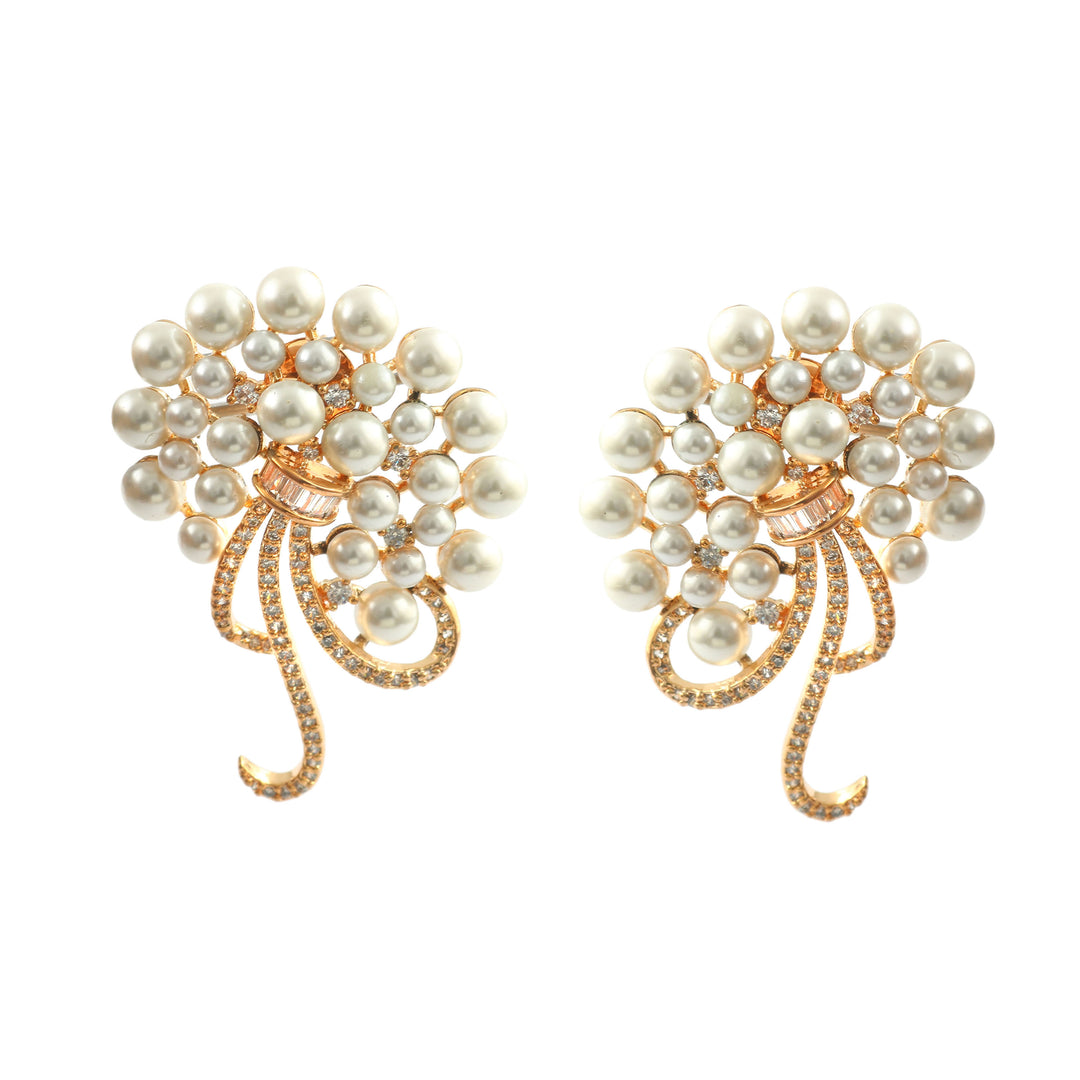 Elegant Gold-Plated White Pearl and American Diamond Floral Oversized Stud Earrings
