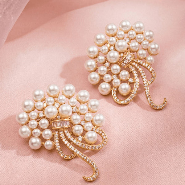 Elegant Gold-Plated White Pearl and American Diamond Floral Oversized Stud Earrings