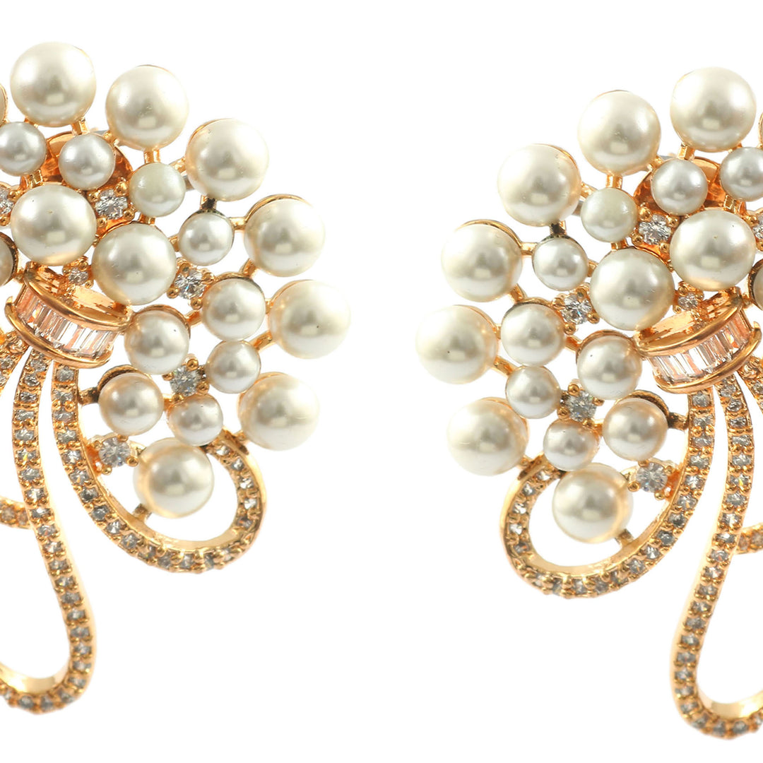 Elegant Gold-Plated White Pearl and American Diamond Floral Oversized Stud Earrings