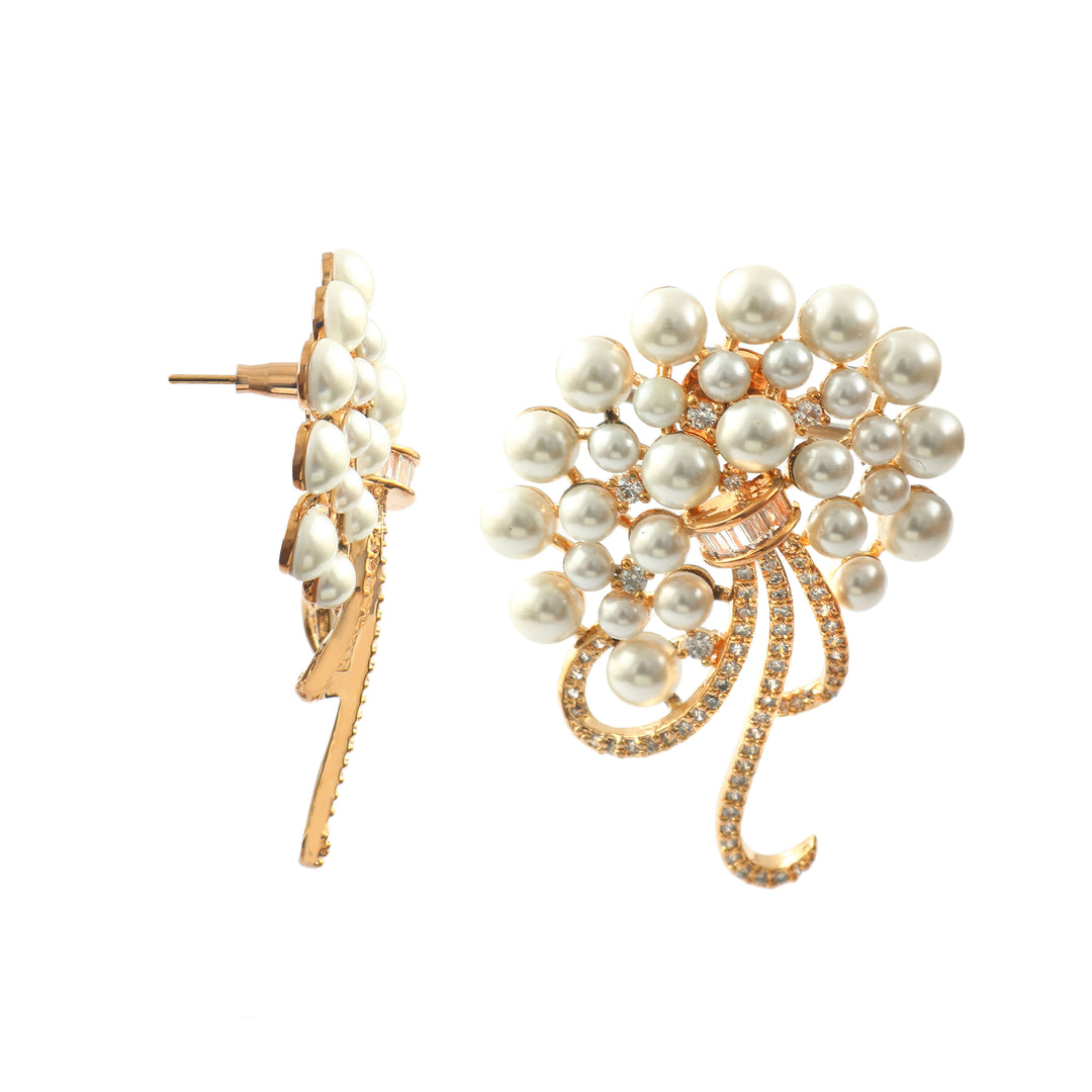 Elegant Gold-Plated White Pearl and American Diamond Floral Oversized Stud Earrings