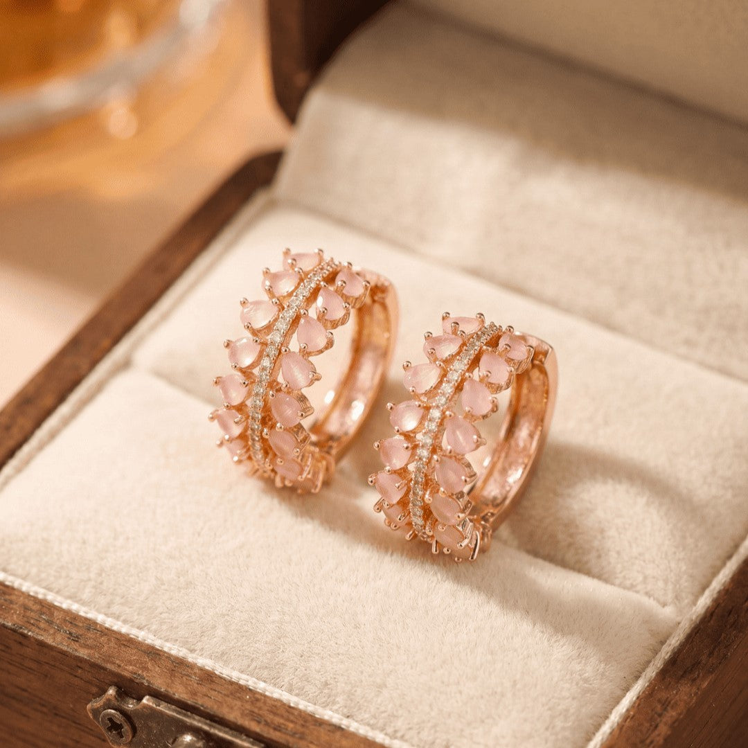 Rose Gold Plated Cubic Zirconia & Crystal Studded Half-Hoop Earrings