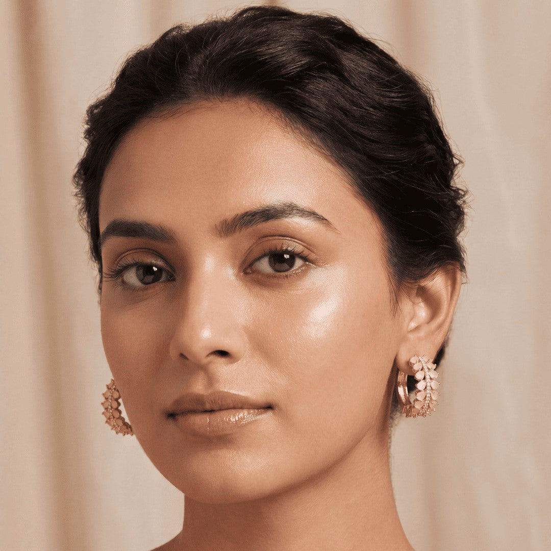 Rose Gold Plated Cubic Zirconia & Crystal Studded Half-Hoop Earrings
