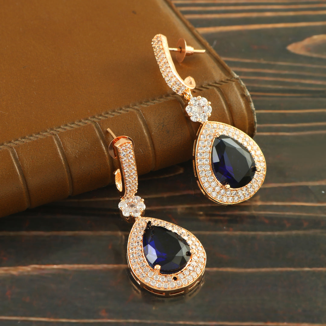 Elegant Rose Gold-Plated Cubic Zirconia  Studded Teardrop Crystal Drop Earrings