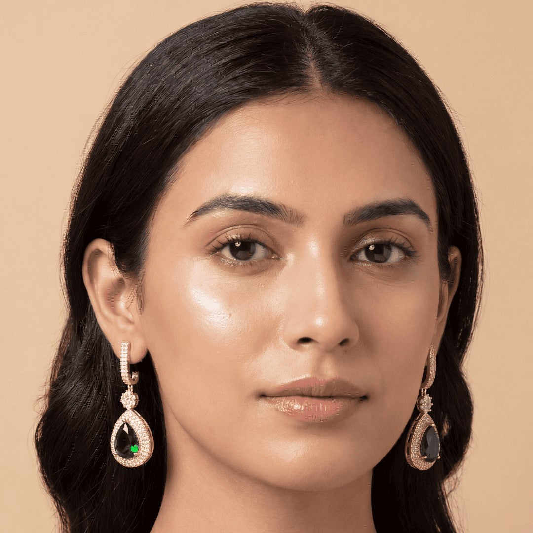 Elegant Rose Gold-Plated Cubic Zirconia  Studded Teardrop Crystal Drop Earrings