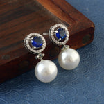 Load image into Gallery viewer, Silver-Plated Cubic Zirconia Studded &amp; Pearls Beaded Circular Drop Earrings

