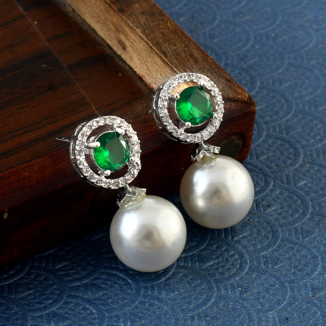 Silver-Plated Cubic Zirconia Studded & Pearls Beaded Circular Drop Earrings