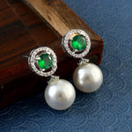 Load image into Gallery viewer, Silver-Plated Cubic Zirconia Studded &amp; Pearls Beaded Circular Drop Earrings
