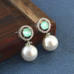 Load image into Gallery viewer, Silver-Plated Cubic Zirconia Studded &amp; Pearls Beaded Circular Drop Earrings
