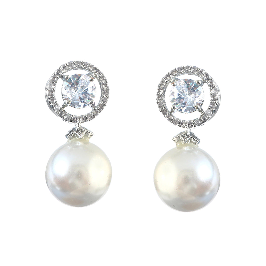 Silver-Plated Cubic Zirconia Studded & Pearls Beaded Circular Drop Earrings