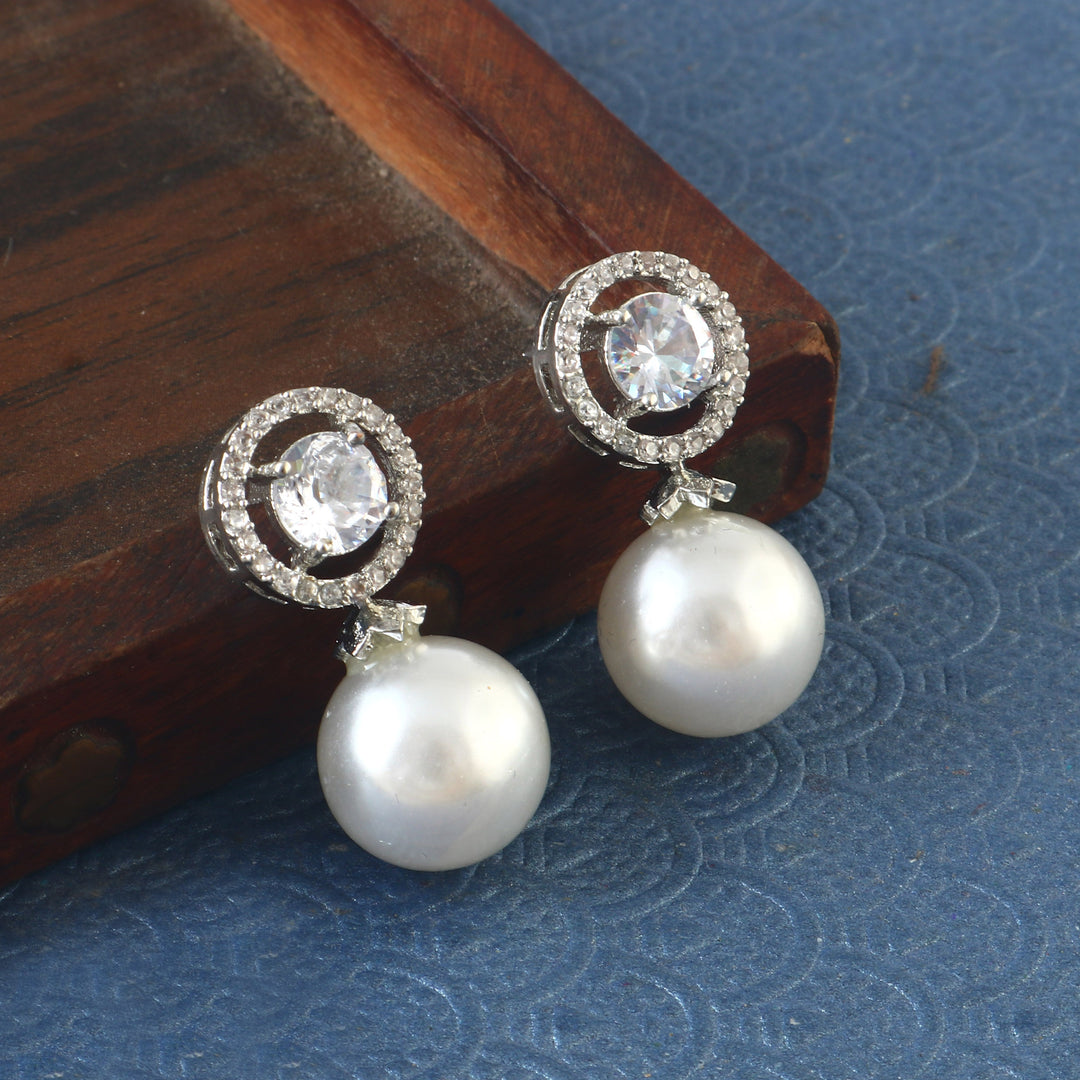 Silver-Plated Cubic Zirconia Studded & Pearls Beaded Circular Drop Earrings