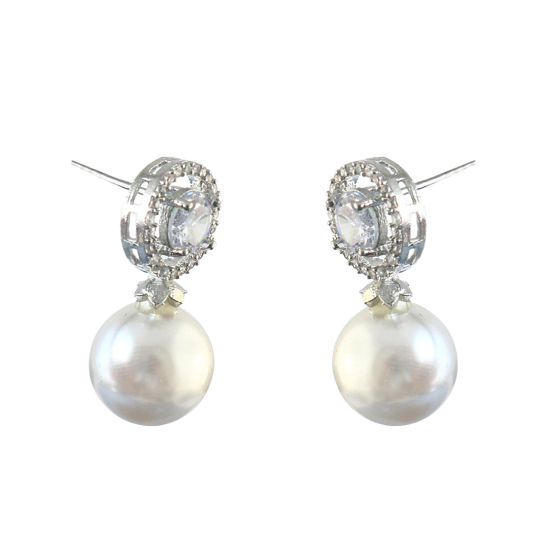 Silver-Plated Cubic Zirconia Studded & Pearls Beaded Circular Drop Earrings