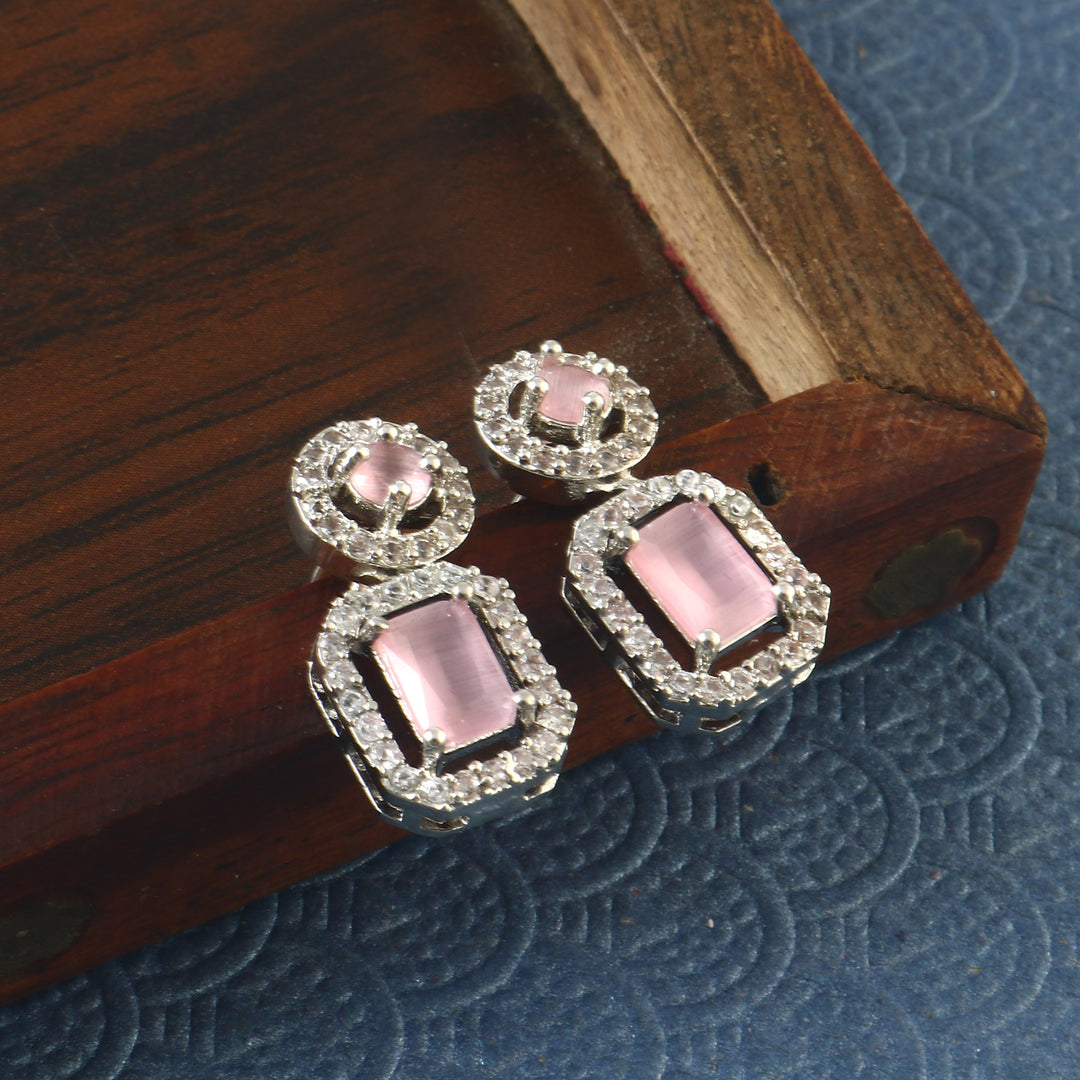 Silver-Plated Cubic Zirconia Studded Square Drop Earrings