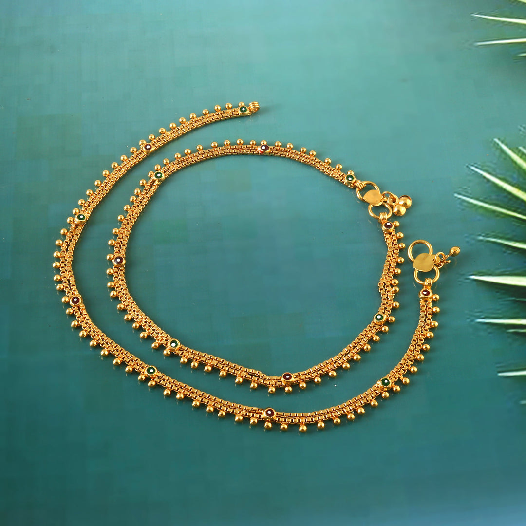 Gold-Plated Beaded Anklets with Enamel Detail - Set of 2