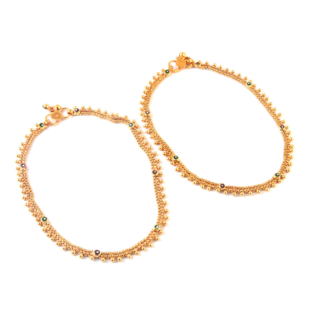 Gold-Plated Beaded Anklets with Enamel Detail - Set of 2