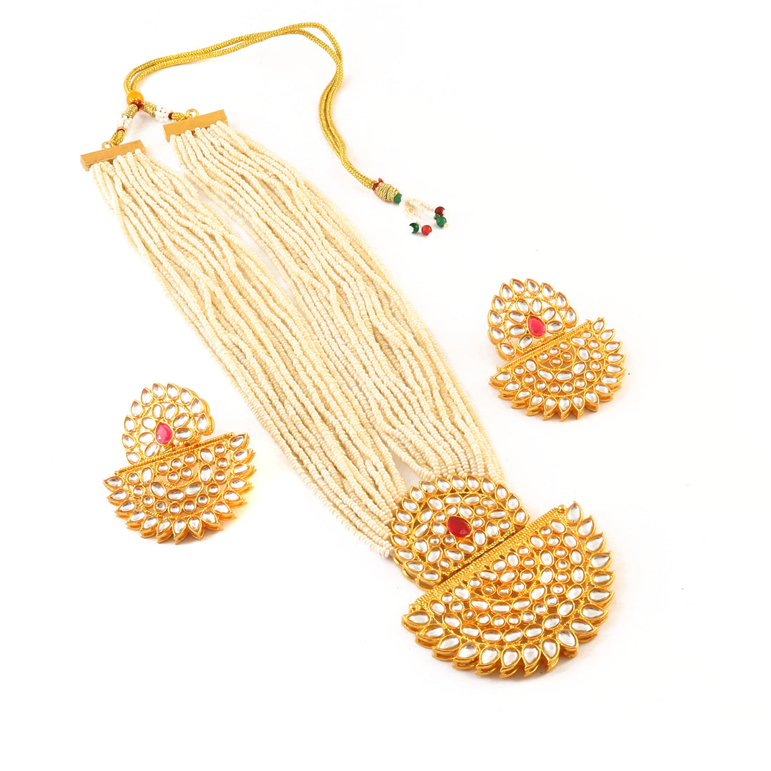 Gold-Plated Kundan Studded & Pearls Beaded Jewellery Set