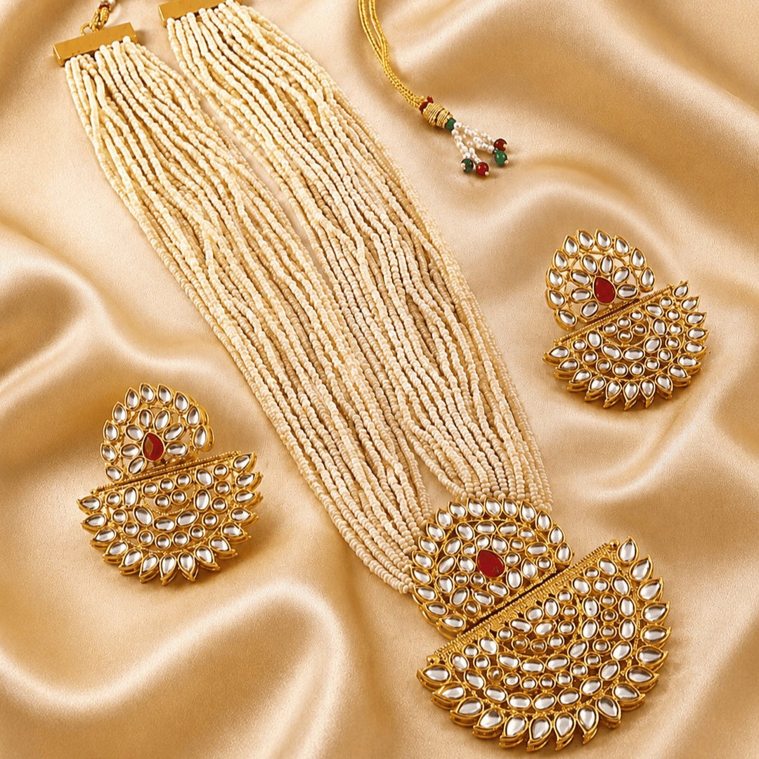 Gold-Plated Kundan Studded & Pearls Beaded Jewellery Set