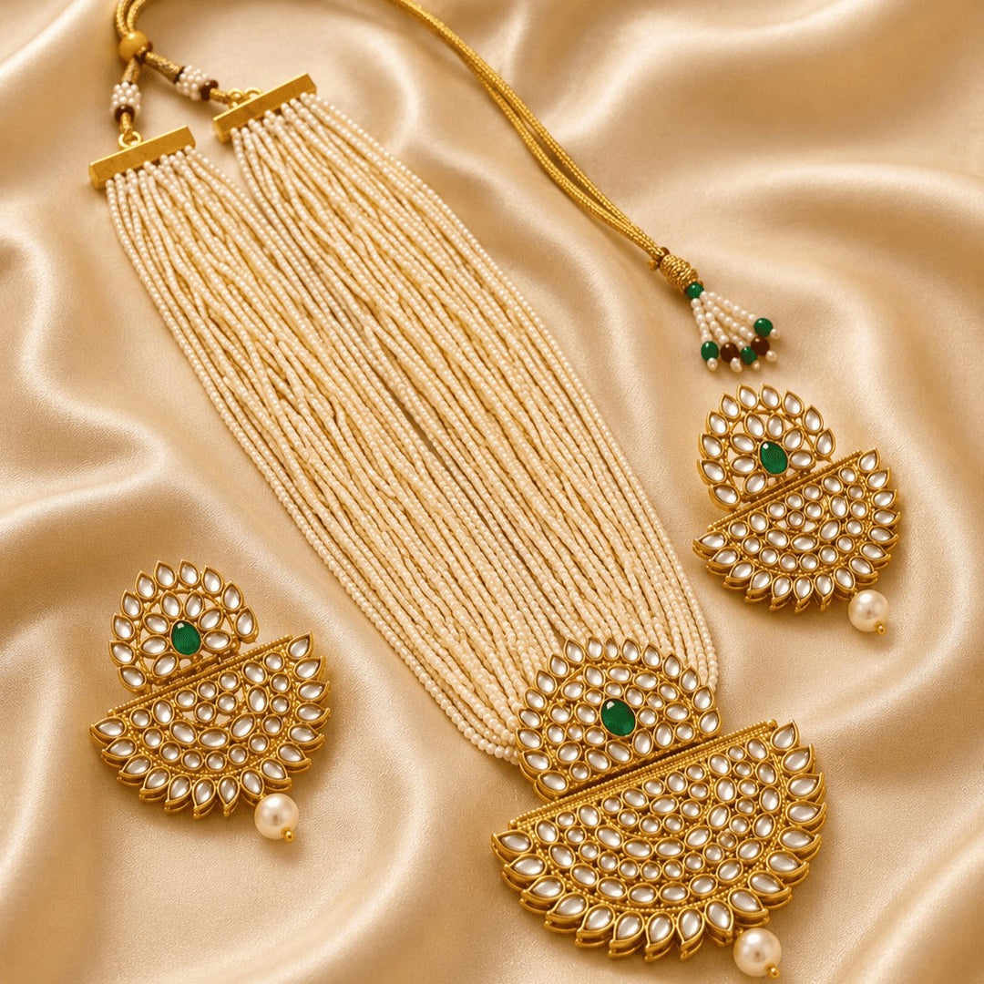 Gold-Plated Kundan Studded & Pearls Beaded Jewellery Set