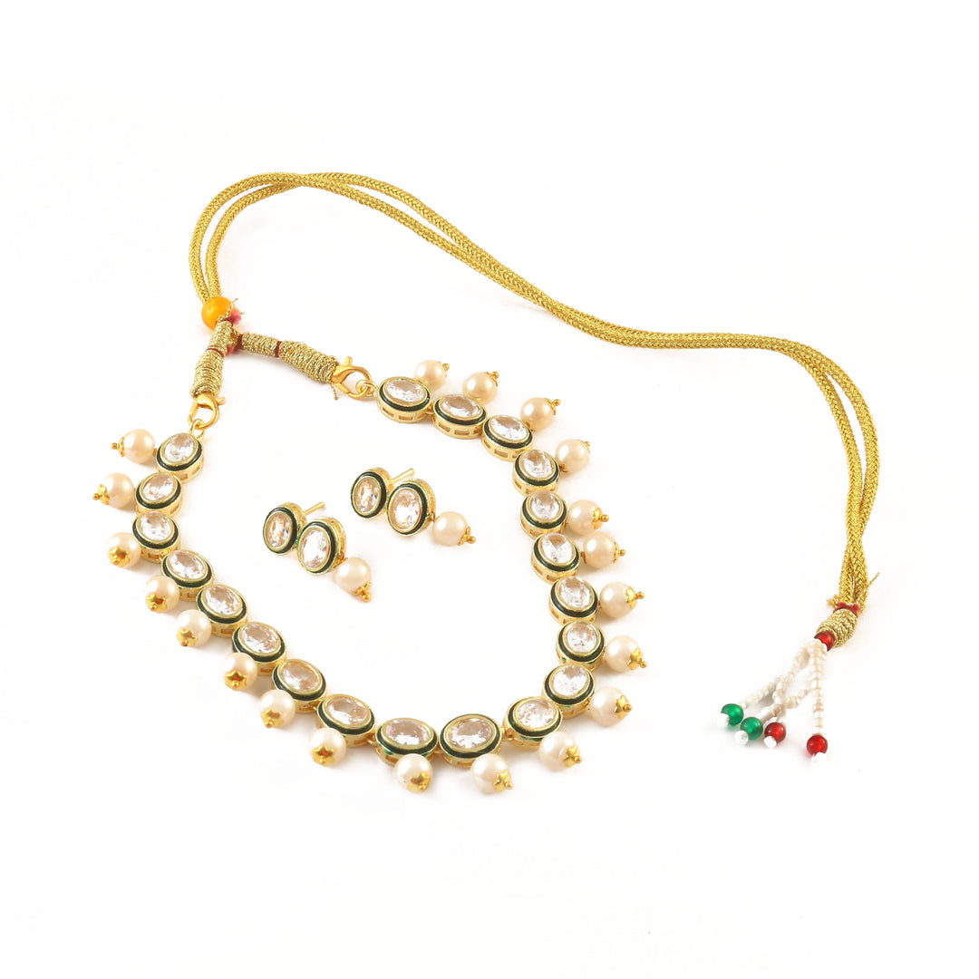 Women's Ethnic Gold Plated Kundan and Pearl Choker Necklace Set