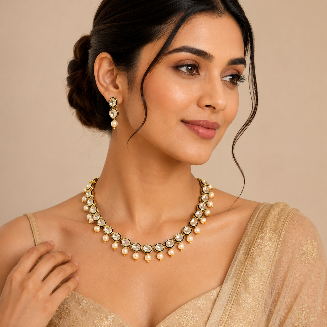 Women's Ethnic Gold Plated Kundan and Pearl Choker Necklace Set