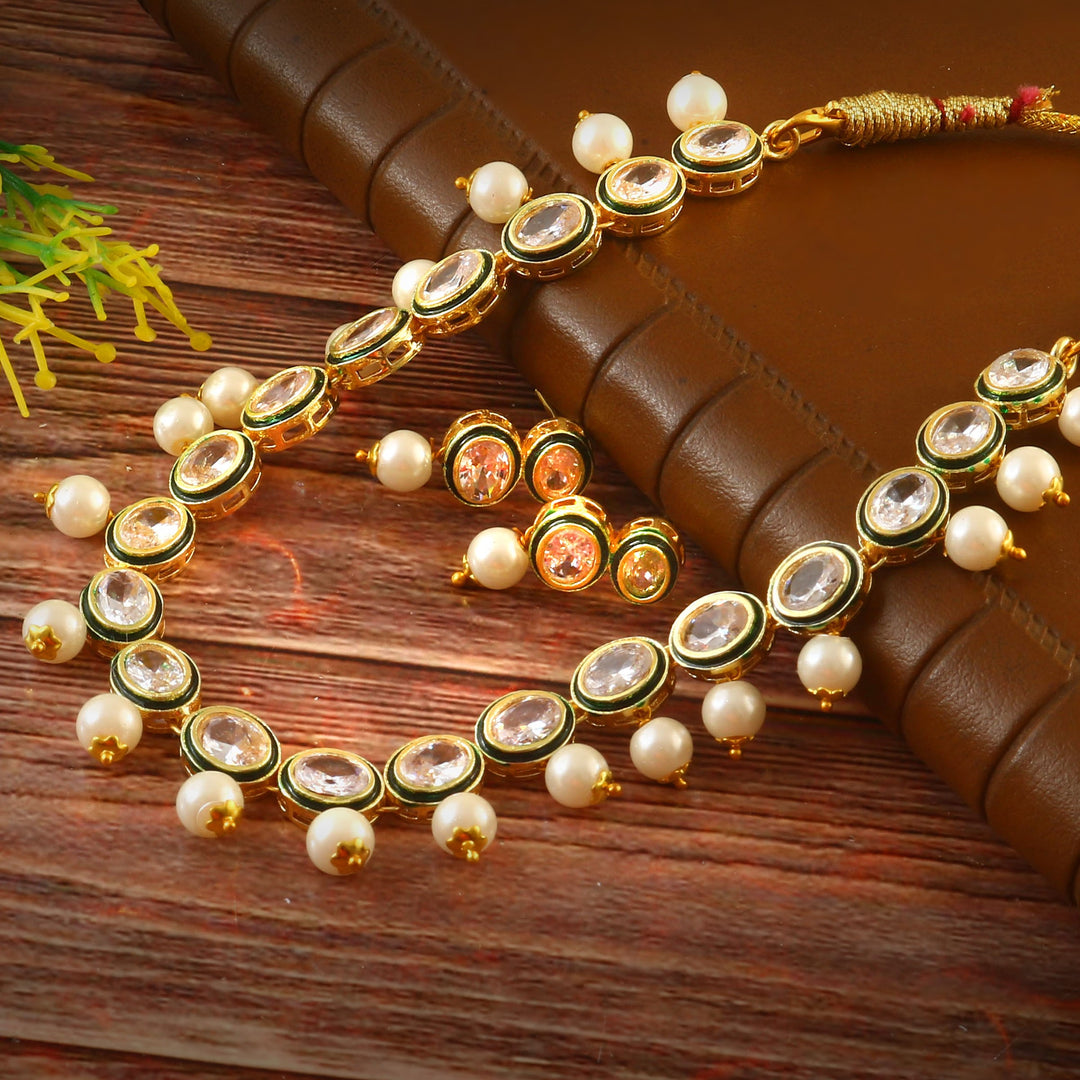 Women's Ethnic Gold Plated Kundan and Pearl Choker Necklace Set