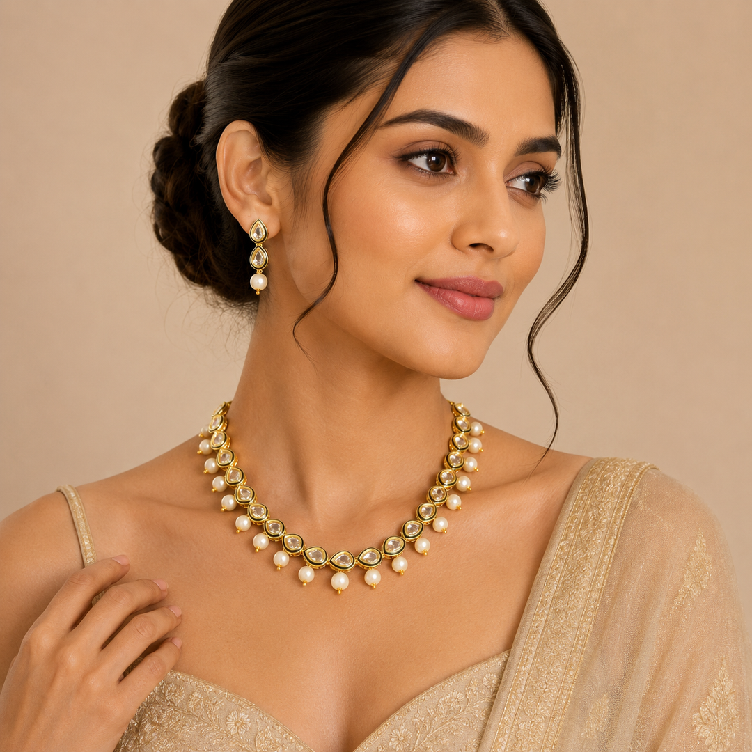 Women's Ethnic Gold Plated Kundan and Pearl Choker Necklace Set