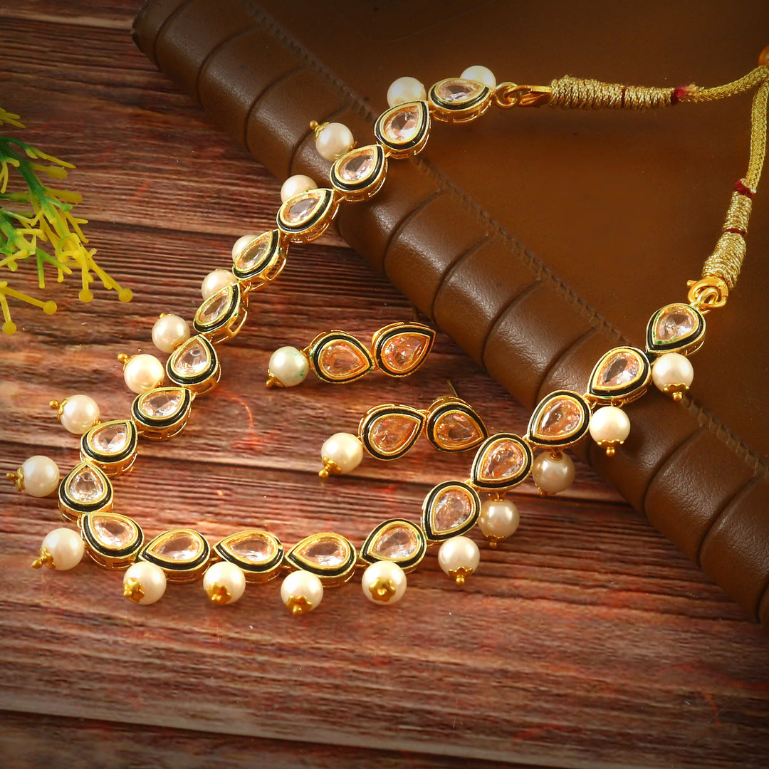Women's Ethnic Gold Plated Kundan and Pearl Choker Necklace Set