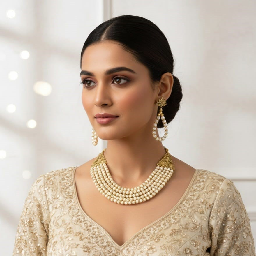 Gold-Plated Pearl Beaded Layered Jewellery Set (White)