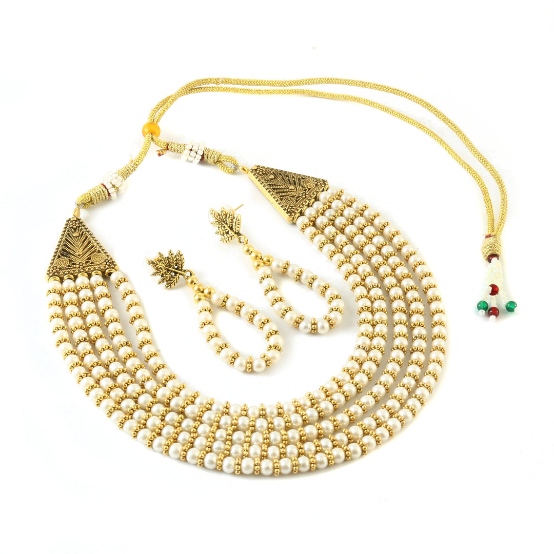 Gold-Plated Pearl Beaded Layered Jewellery Set (White)