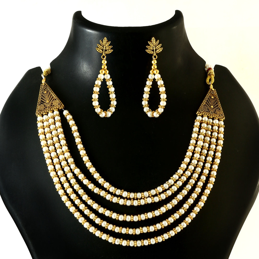 Gold-Plated Pearl Beaded Layered Jewellery Set (White)