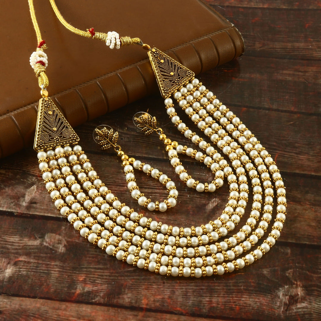 Gold-Plated Pearl Beaded Layered Jewellery Set (White)