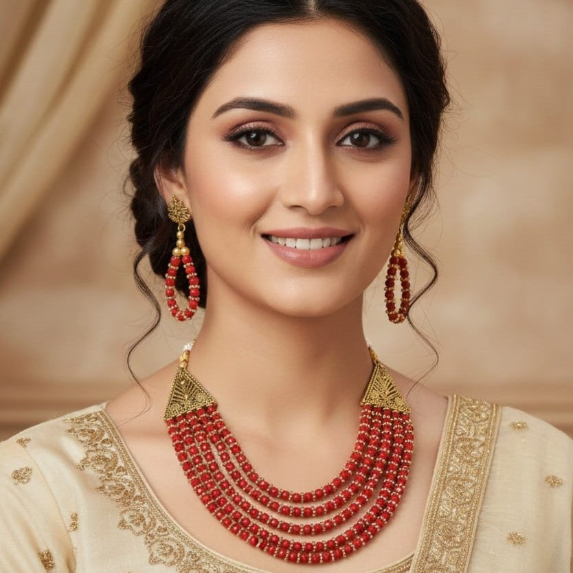 Gold-Plated Pearl Beaded Layered Jewellery Set (White)