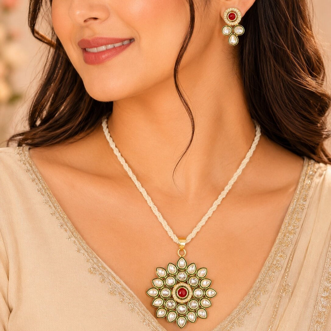 Gold-Plated Kundan Studded & Pearl Beaded Jewellery Set