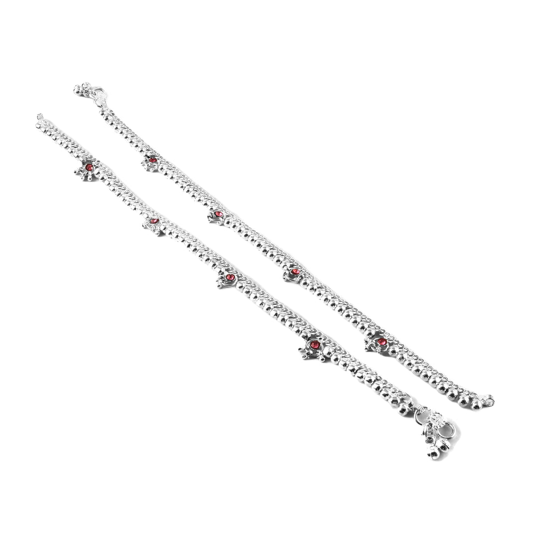 Silver-Plated Stone-Studded Layered Ghungroo Anklets