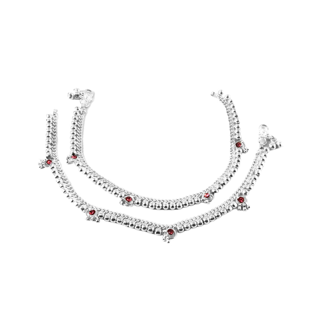 Silver-Plated Stone-Studded Layered Ghungroo Anklets